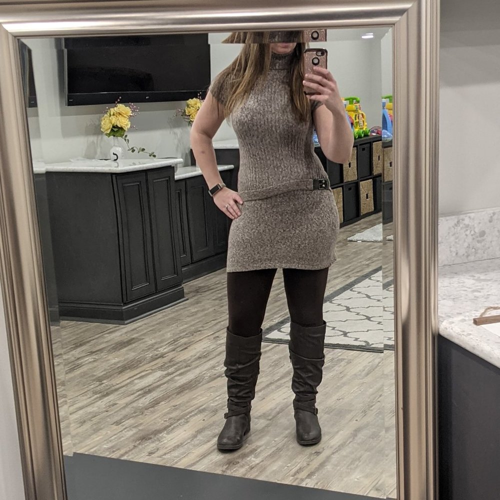 Brown and white sweater dress with belt size S